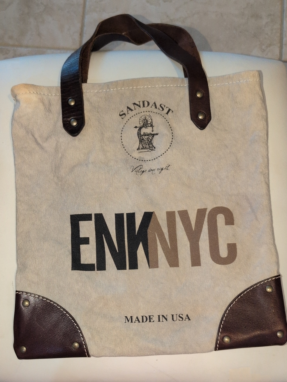 SANDAST ENKNYC Vintage Canvas Tote Bag with Brown Leather Trim